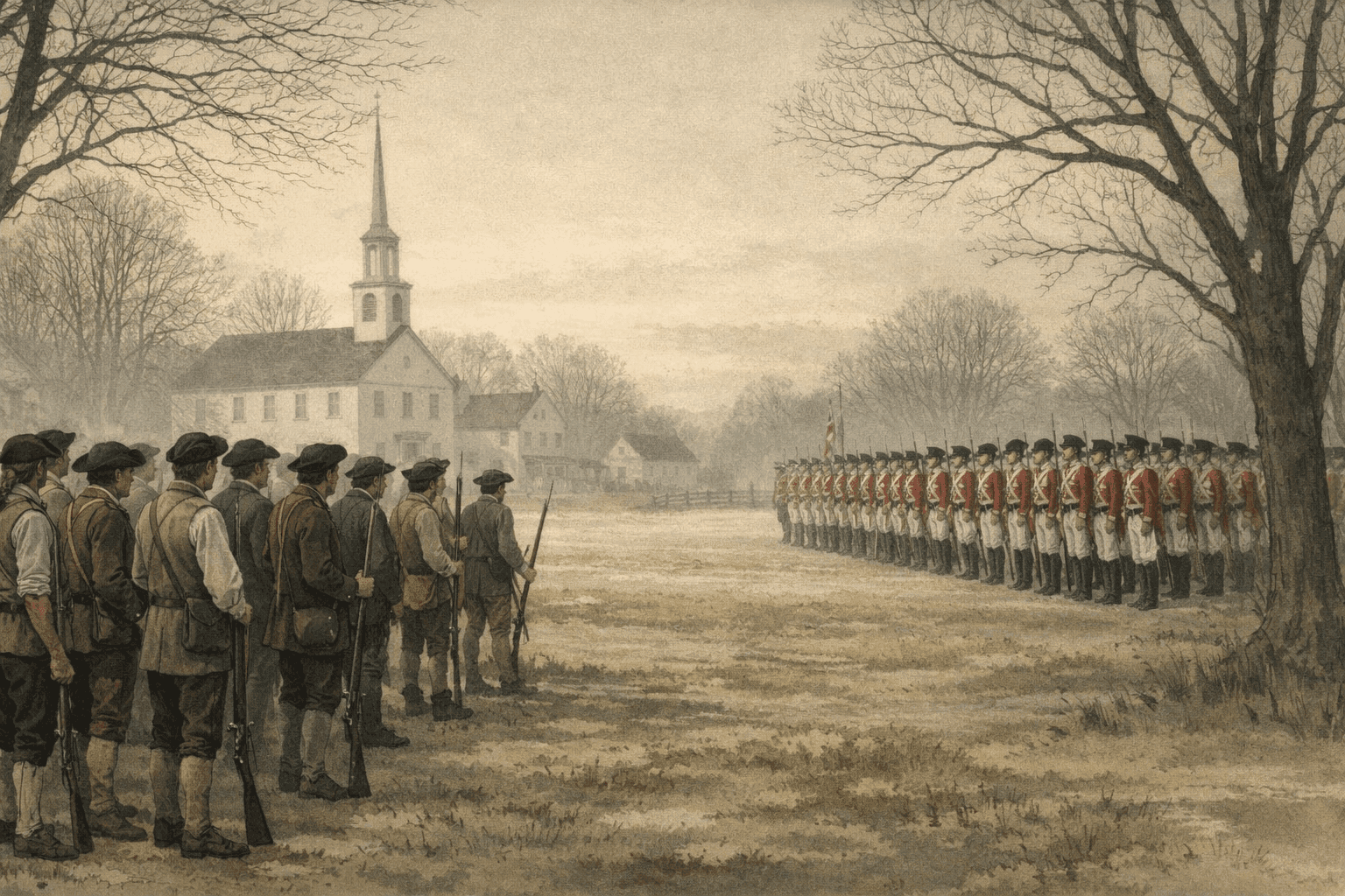 Colonial militiamen facing British Redcoats on a misty New England village green at dawn in 1775