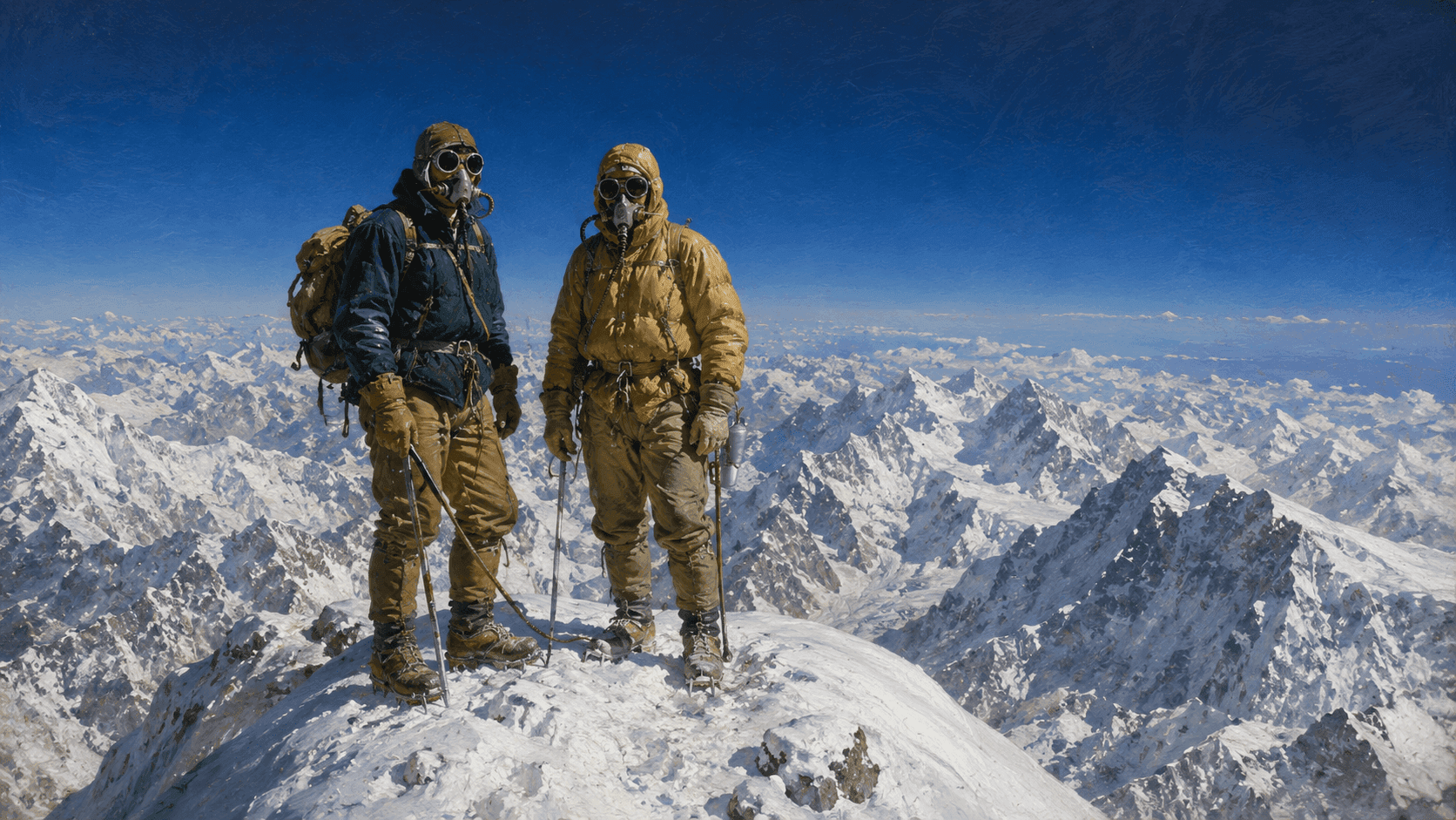 Two mountaineers in heavy cold-weather gear standing at a high-altitude snow summit with the Himalayan peaks stretching to the horizon below them