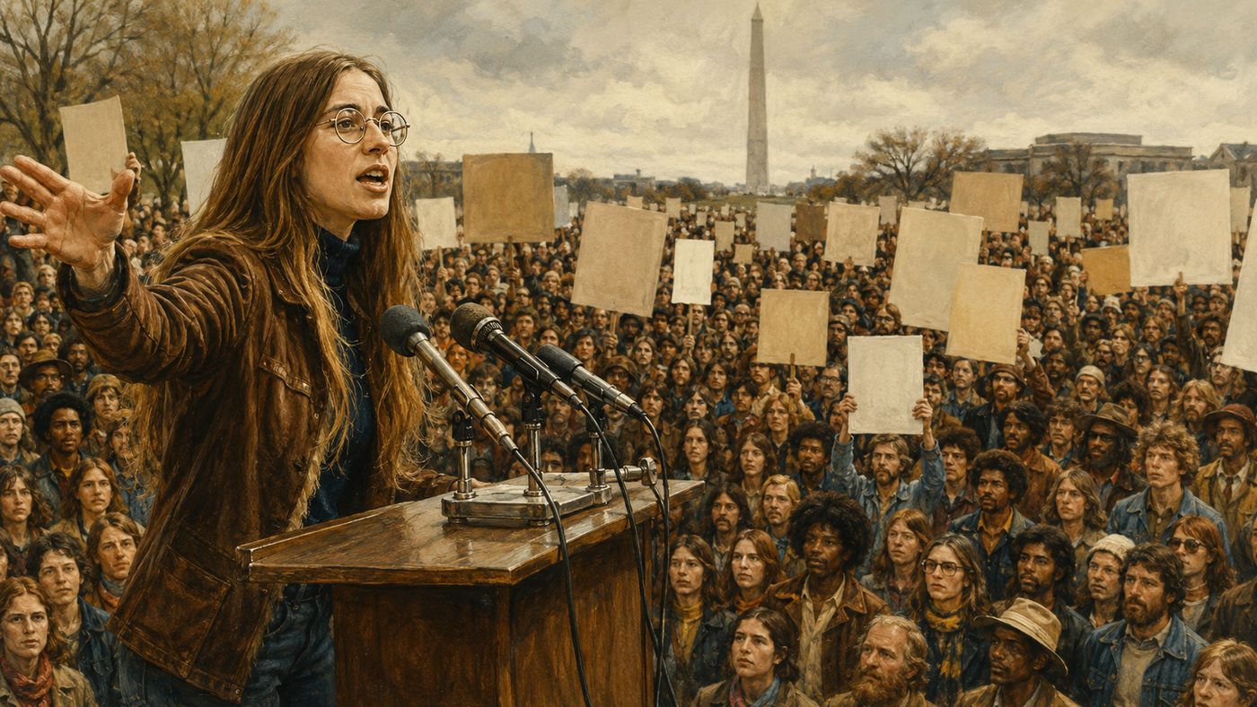 A woman speaking at a podium before a large crowd, evoking the women's rights marches of the 1970s