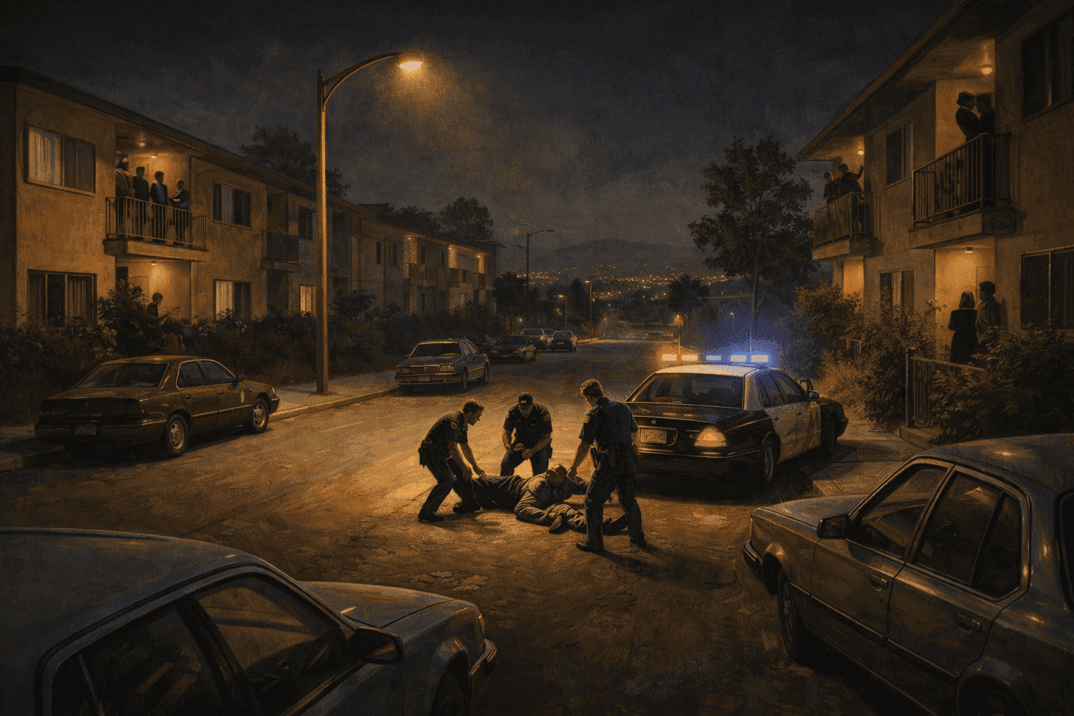 Historical illustration of early 1990s Los Angeles suburban street at night with apartment buildings