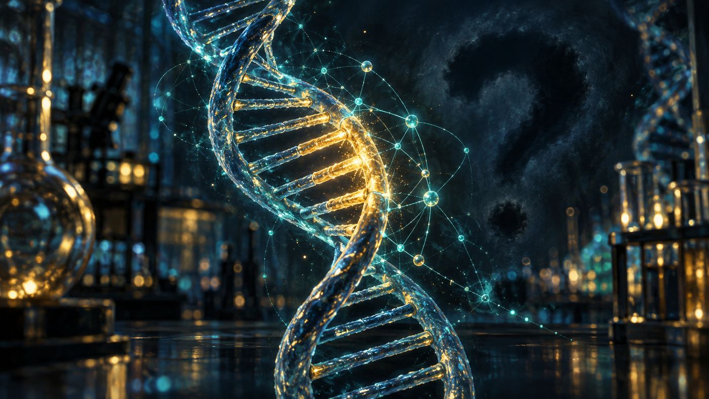 A glowing strand of DNA being examined by a luminous network of digital lines in a dark laboratory setting