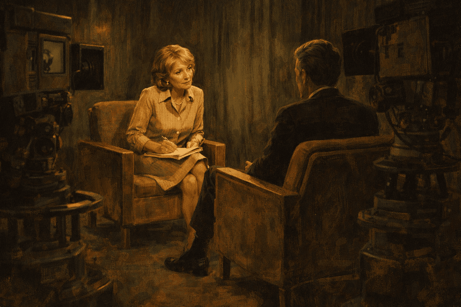 A female television journalist conducting a one-on-one interview in a formal television studio setting in the 1970s