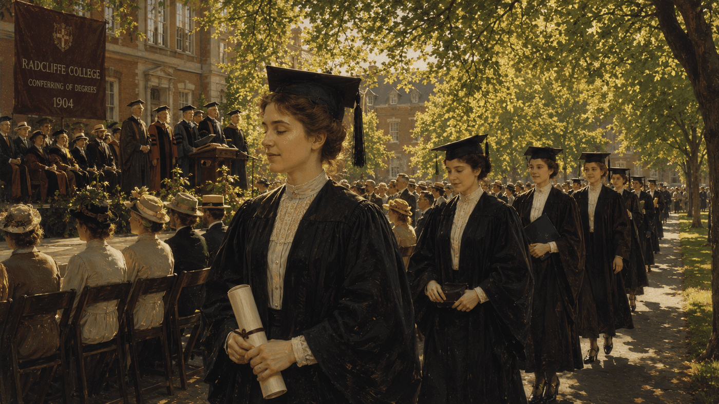 An Edwardian-era college campus at commencement, women in academic robes processing across a sunlit courtyard