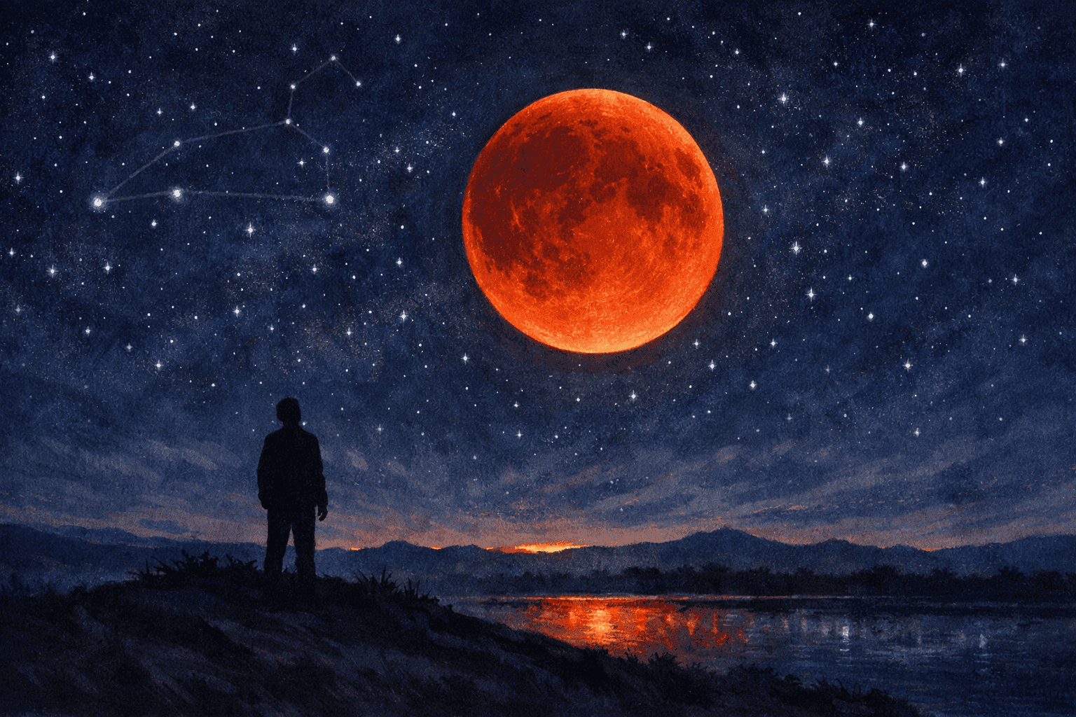 The full moon glowing deep crimson red during a total lunar eclipse