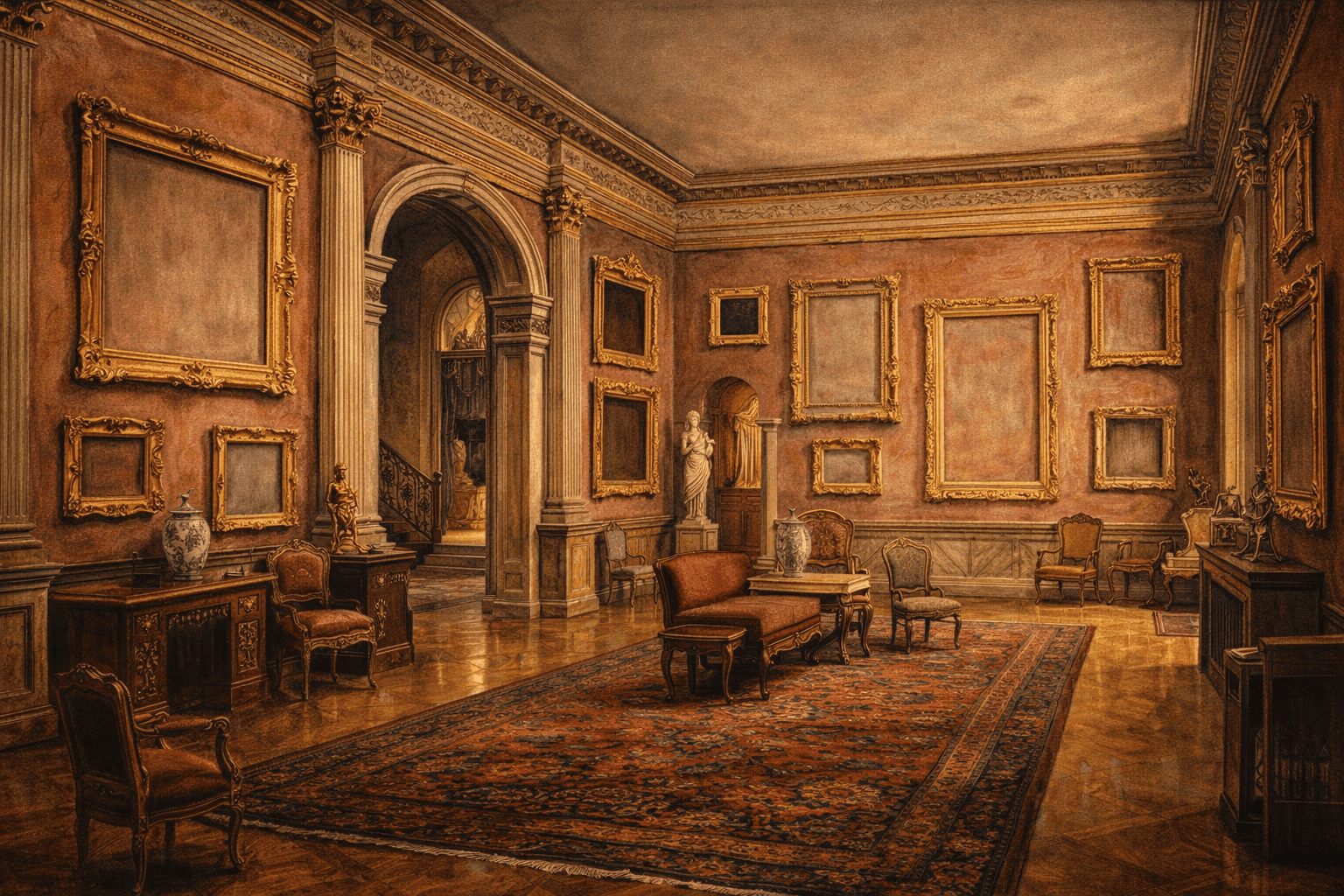 Historical illustration of elegant Boston museum interior with artwork on walls and classical architecture