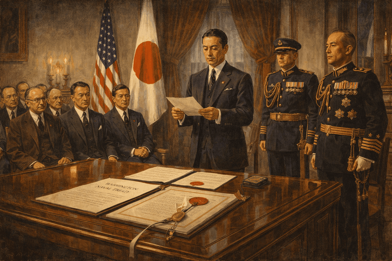 Japanese officials at the formal withdrawal ceremony with naval treaty documents and military officers present, capturing the 1930s diplomatic atmosphere
