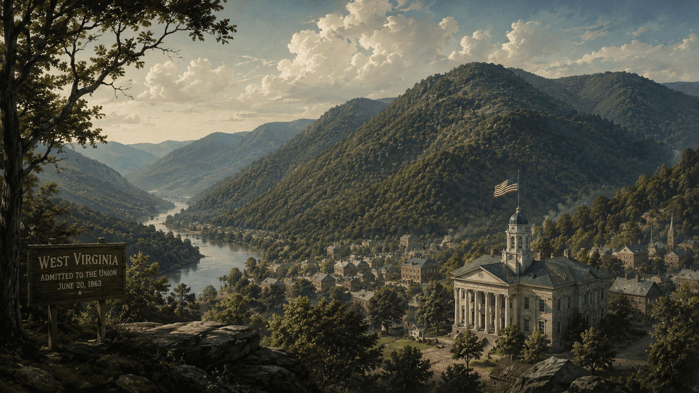 A sweeping Appalachian mountain landscape with a small Civil War era town nestled in a river valley below