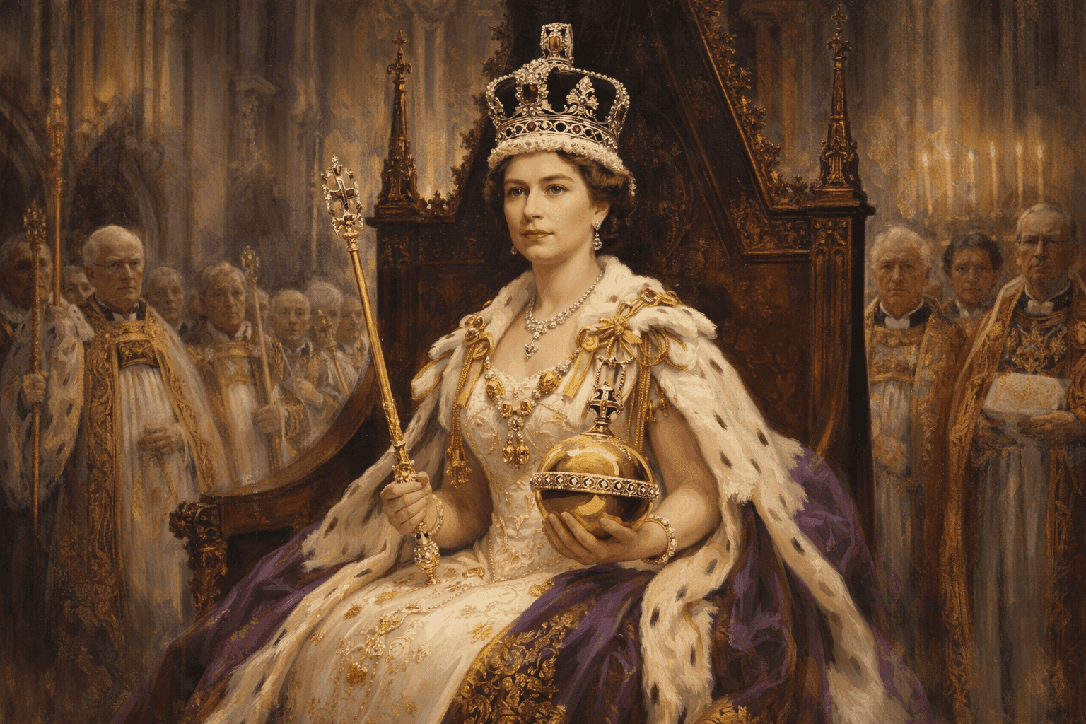 Young Queen Elizabeth II in formal coronation regalia with crown and royal robes in Westminster Abbey