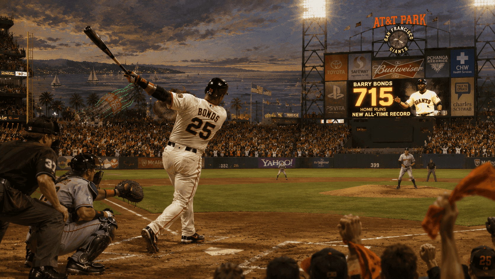 A baseball player completing a powerful home run swing in a packed San Francisco stadium with the bay visible behind the outfield