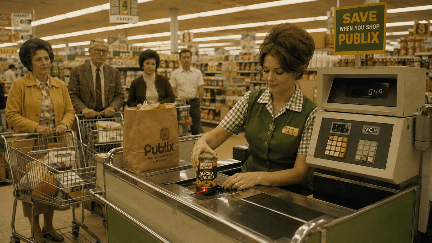 A 1970s supermarket checkout lane with a cashier at a register, early scanning equipment visible on the counter