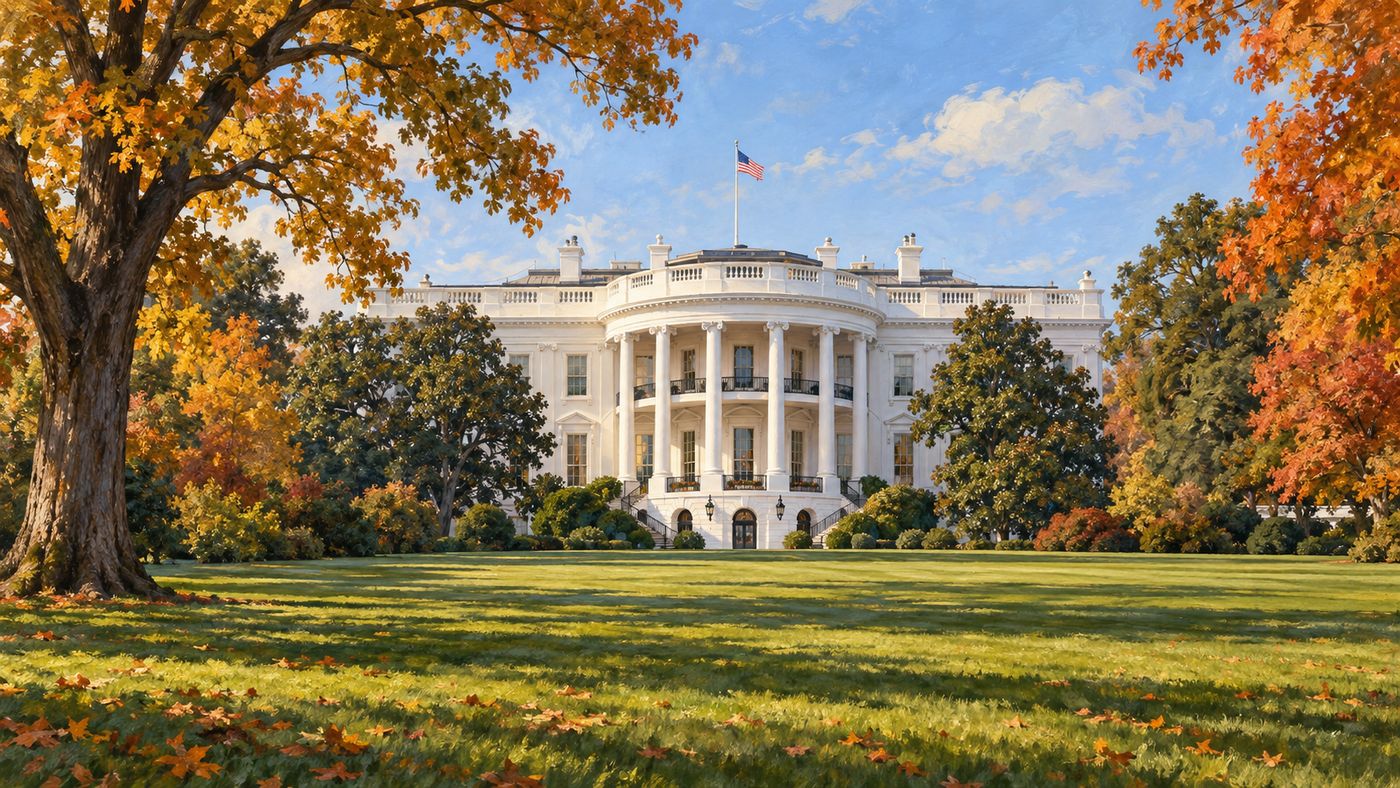A painterly illustration of the White House's south facade in early autumn — the iconic white neoclassical building seen across the South Lawn, mature trees in fall color framing the view, a pale blue sky above