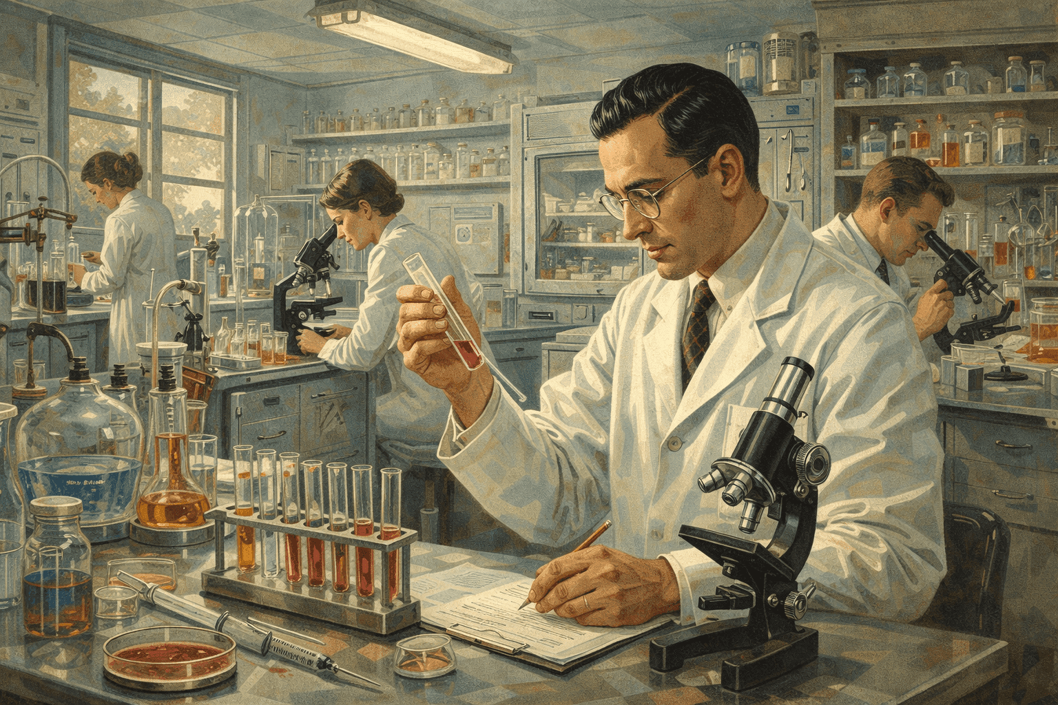 Historical illustration of 1950s medical research laboratory with period scientific equipment
