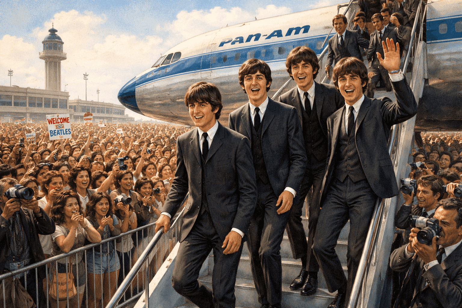 The Beatles descending airplane stairs at JFK Airport with screaming fans and photographers visible below