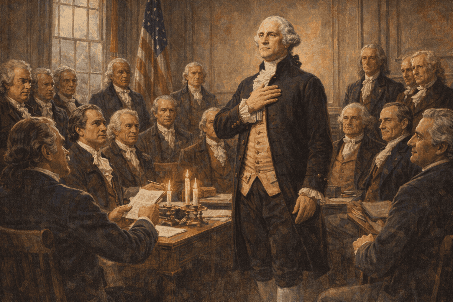 George Washington taking the presidential oath with the Electoral College and founding fathers present