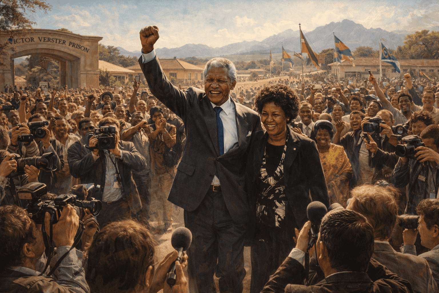 Nelson Mandela walking out of Victor Verster Prison with raised fist, surrounded by crowds and media, with Winnie Mandela beside him