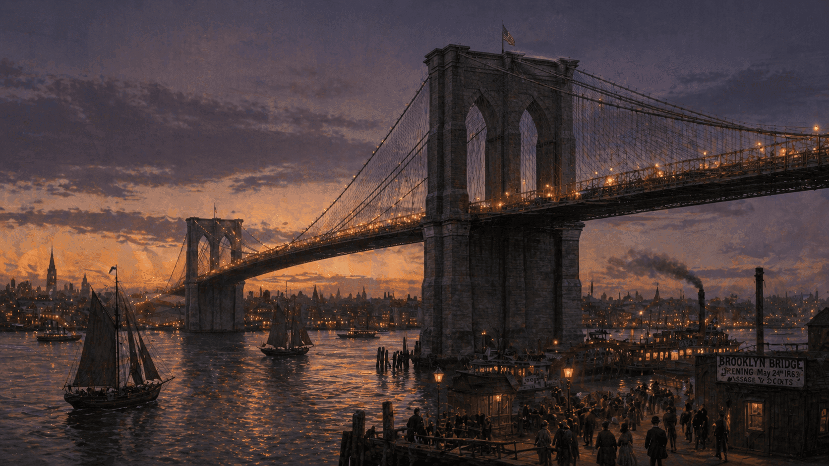 The Brooklyn Bridge spanning the East River with its Gothic stone towers and suspension cables against a twilight sky
