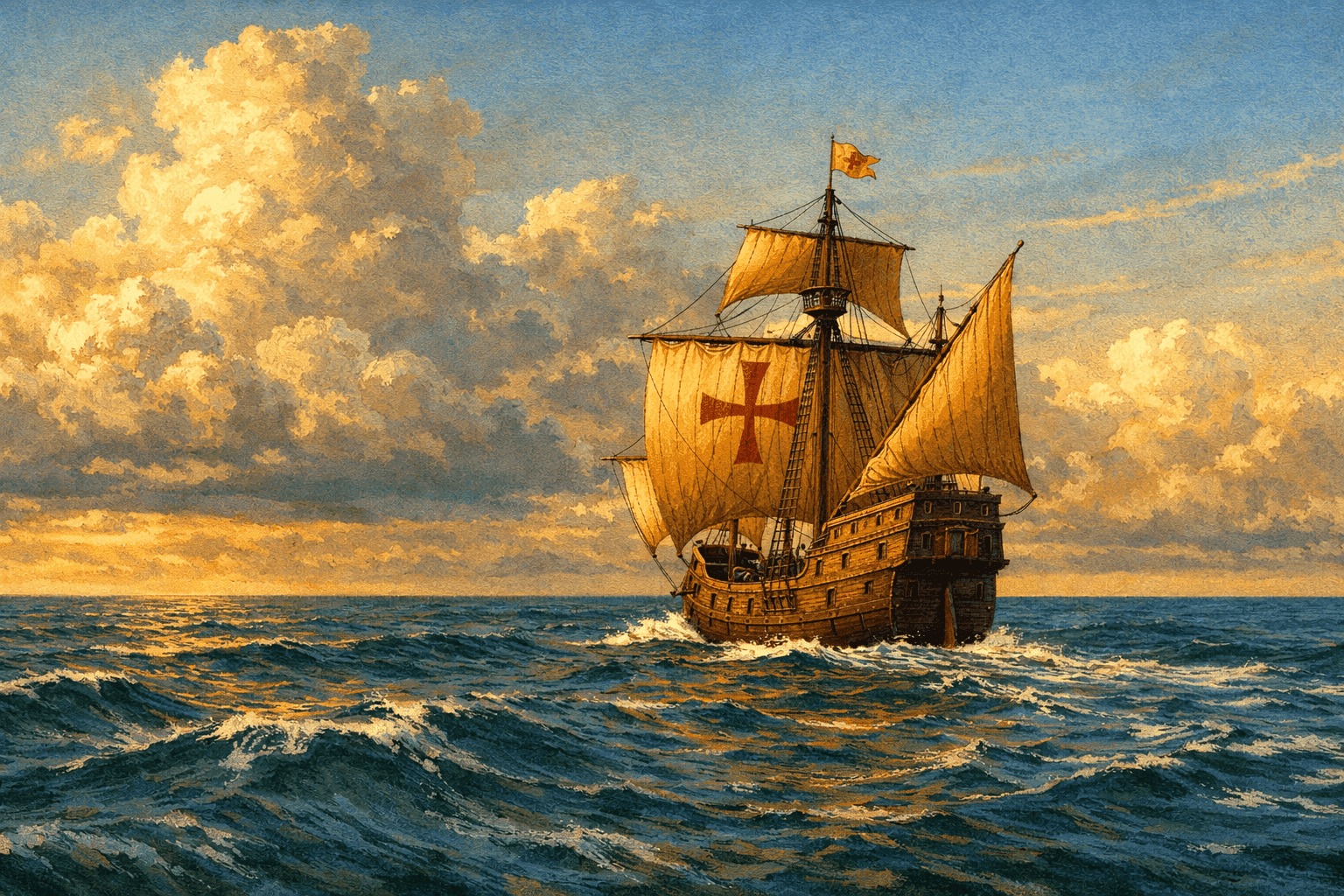 A 15th-century Spanish sailing ship on the open Atlantic with full sails in a dramatic sky