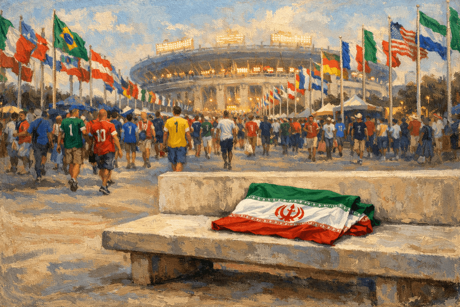 The exterior plaza of a grand stadium on a summer day, with an Iranian flag left folded and abandoned on an empty bench amid the crowds of fans streaming past