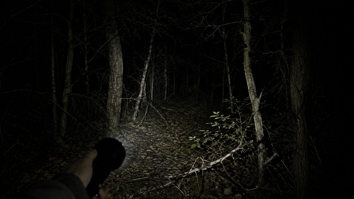A dense, dark forest at night lit by the beam of a handheld flashlight, twisted tree branches visible in the shadows above
