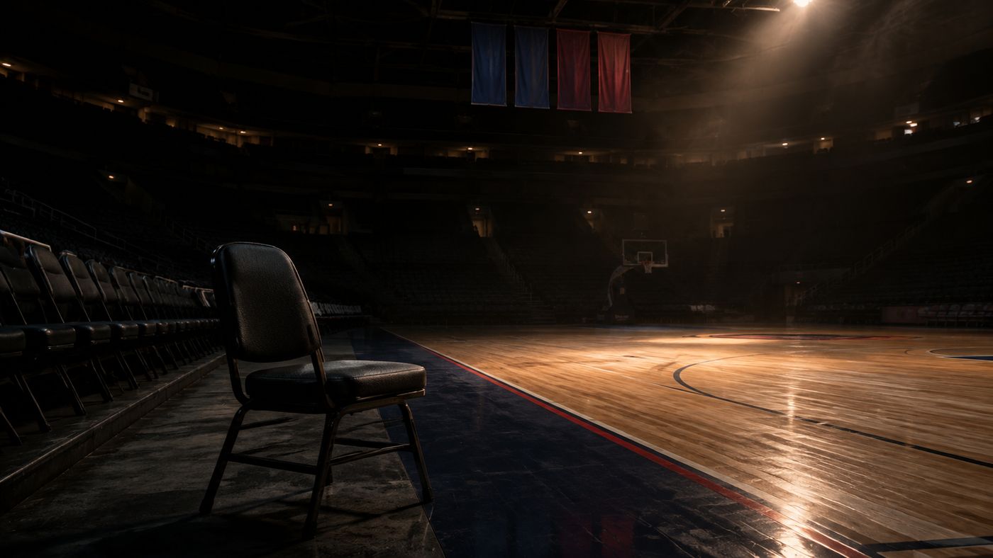 An empty NBA owner's courtside seat, symbolizing a suspended team owner