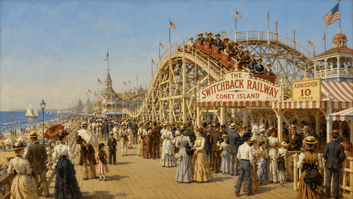 A Victorian-era seaside amusement park with a wooden roller coaster and crowds of visitors in period dress