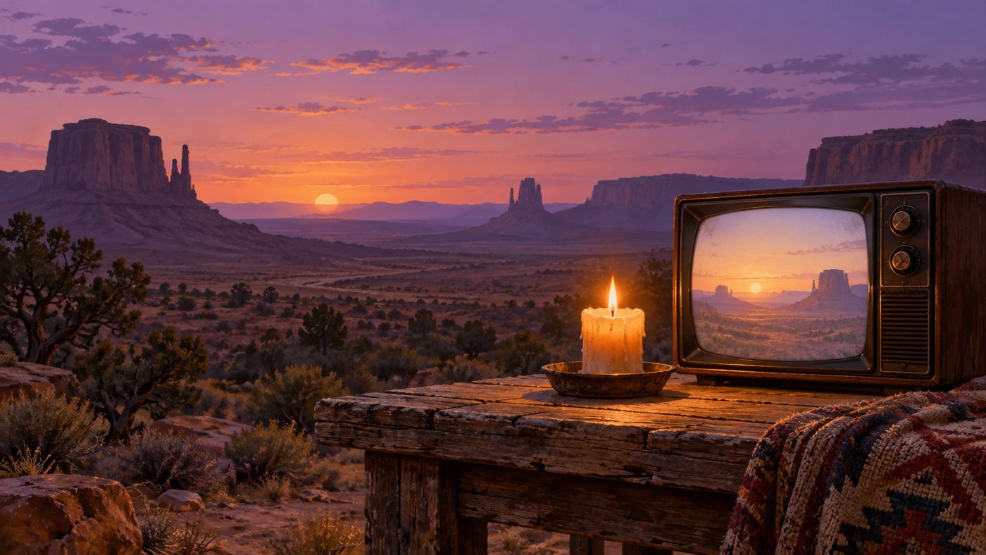 A single lit candle beside a glowing vintage television in a quiet desert twilight