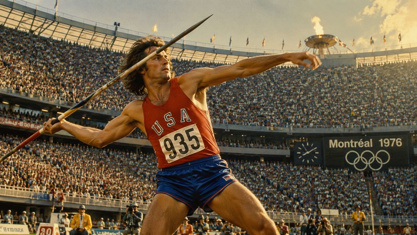 A track and field athlete mid-performance in a packed 1970s Olympic stadium, the crowd on its feet in the summer afternoon light