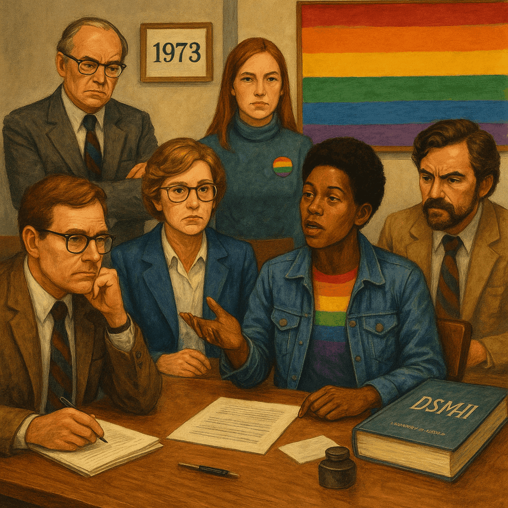 Historic scene of the 1973 APA meeting with diverse advocates and psychiatrists gathered in discussion, rainbow flag symbolism subtly incorporated, representing dialogue and progress