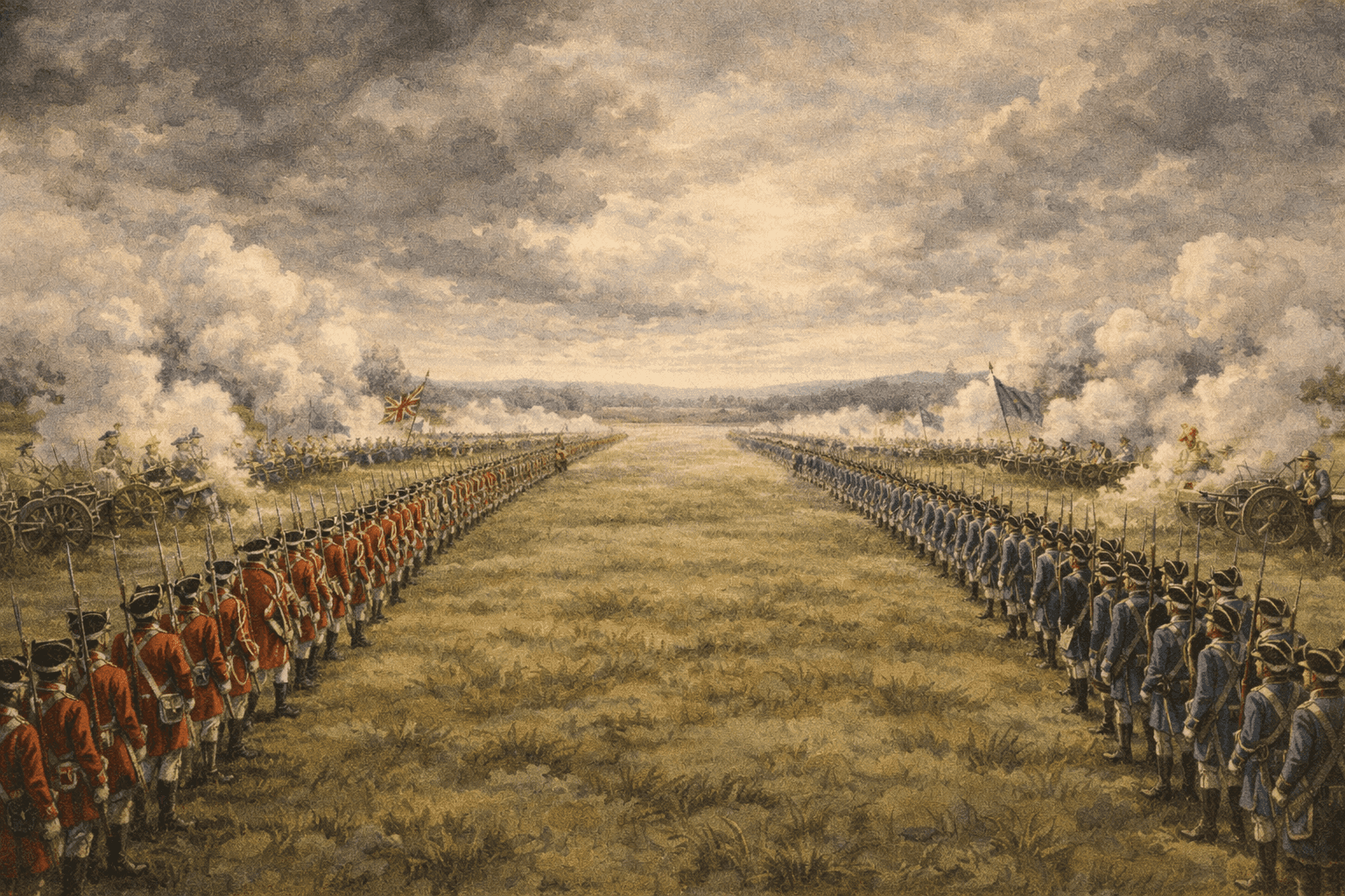 18th-century European soldiers in red and blue coats engaged in a formal battle formation in an open field