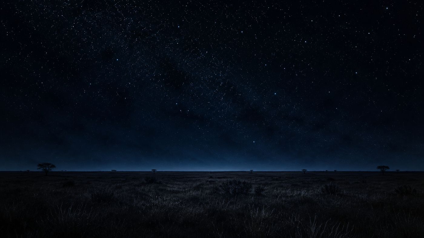 An African savanna landscape at night, the vast dark sky above a flat horizon, the terrain remote and unreachable in the darkness