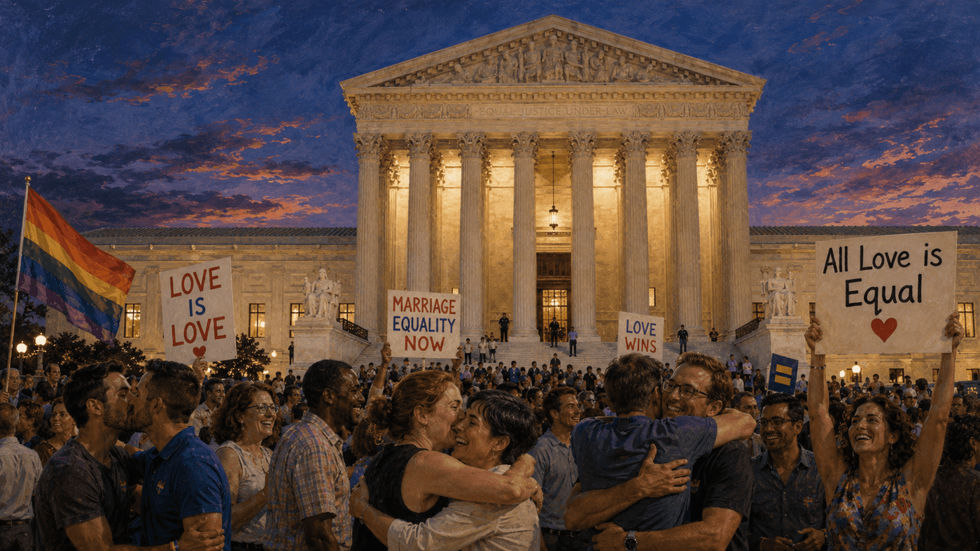 The exterior of the Supreme Court building at dusk, its white marble columns illuminated, a crowd gathered on the plaza below