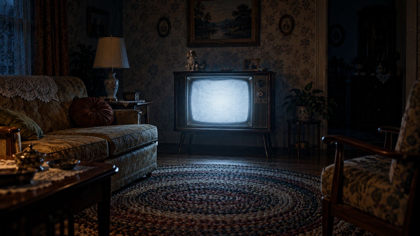 A painterly illustration of a vintage 1950s television set glowing in a darkened living room, its screen casting pale light across mid-century furniture and wallpaper