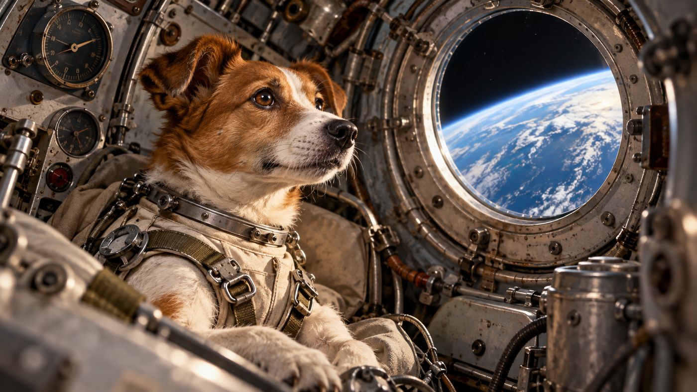 A painterly illustration of a small dog in a space capsule harness, surrounded by instruments and equipment, a porthole window showing the curve of the Earth and the blackness of space beyond