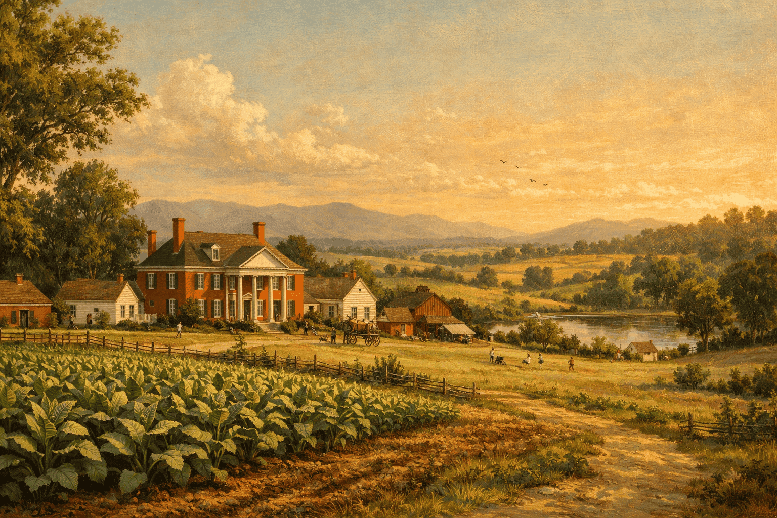 Historical illustration of 18th century Virginia plantation landscape with colonial architecture