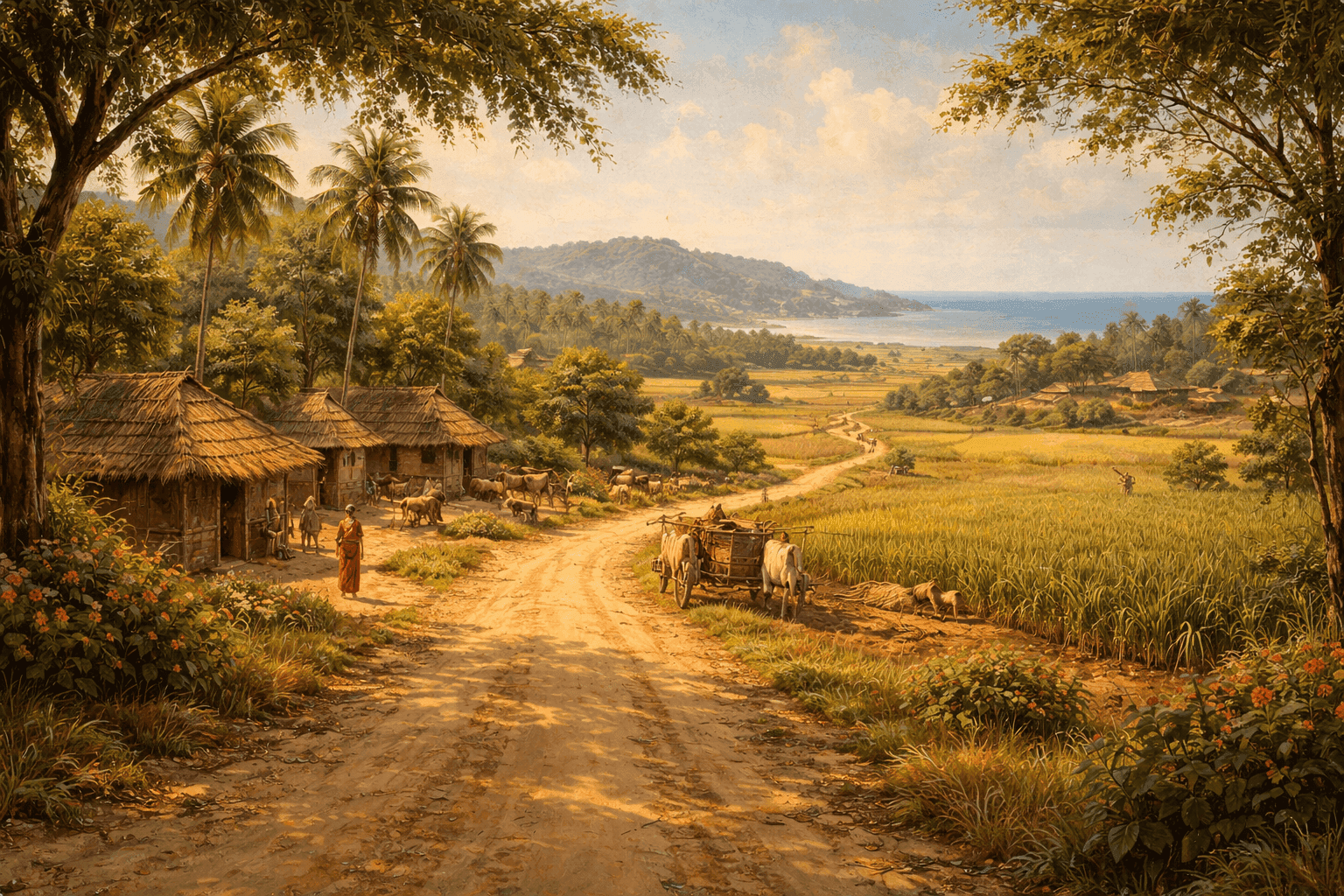 Historical illustration of 1930s Indian countryside with Gandhi and followers on the Salt March