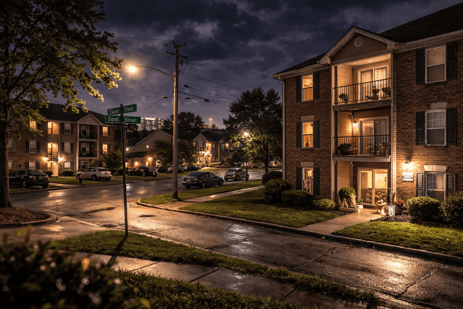 Historical illustration of Louisville residential neighborhood at night with apartment buildings