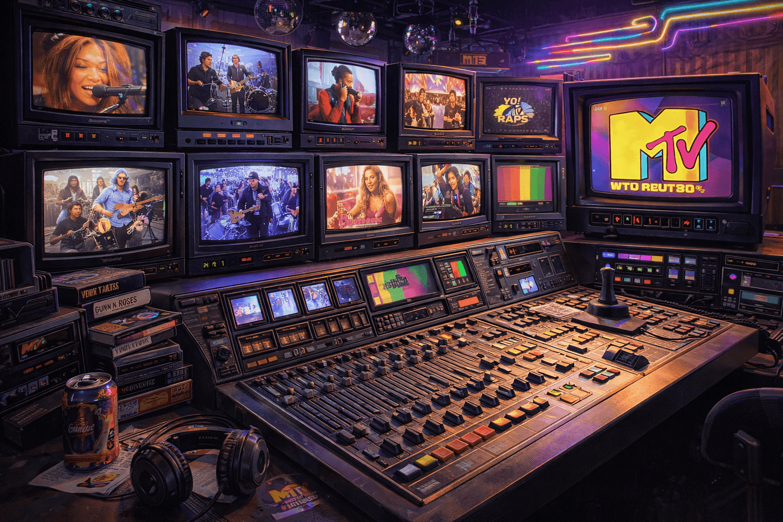 Historical illustration of 1990s MTV studio environment with television screens and youth culture atmosphere