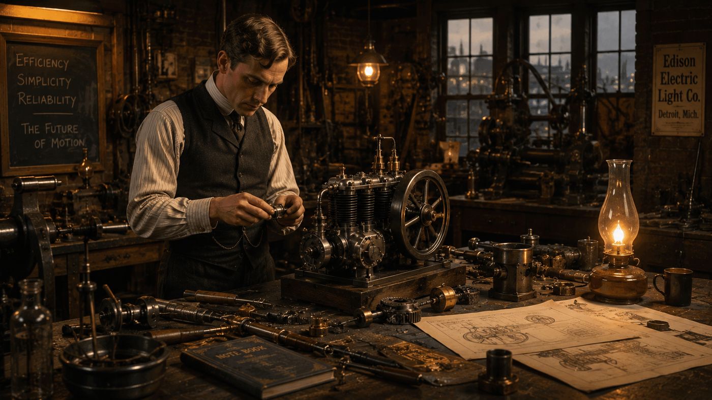 A Detroit machine shop in the late 1890s, early experimental machinery and tools visible, a workbench with mechanical drawings and small engine components