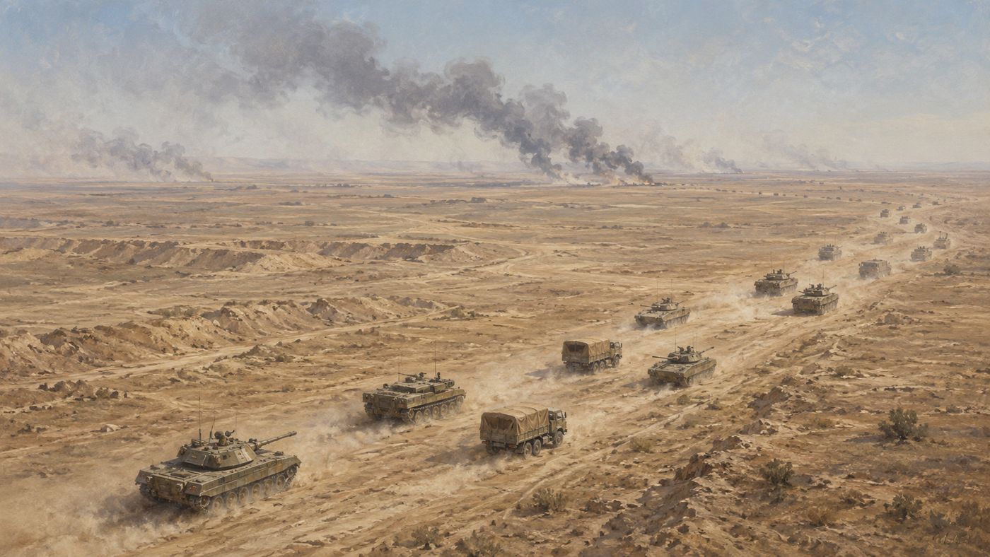 A Middle Eastern desert landscape with military vehicles moving through flat terrain, smoke visible on the horizon, the vast emptiness of the Iran-Iraq border region