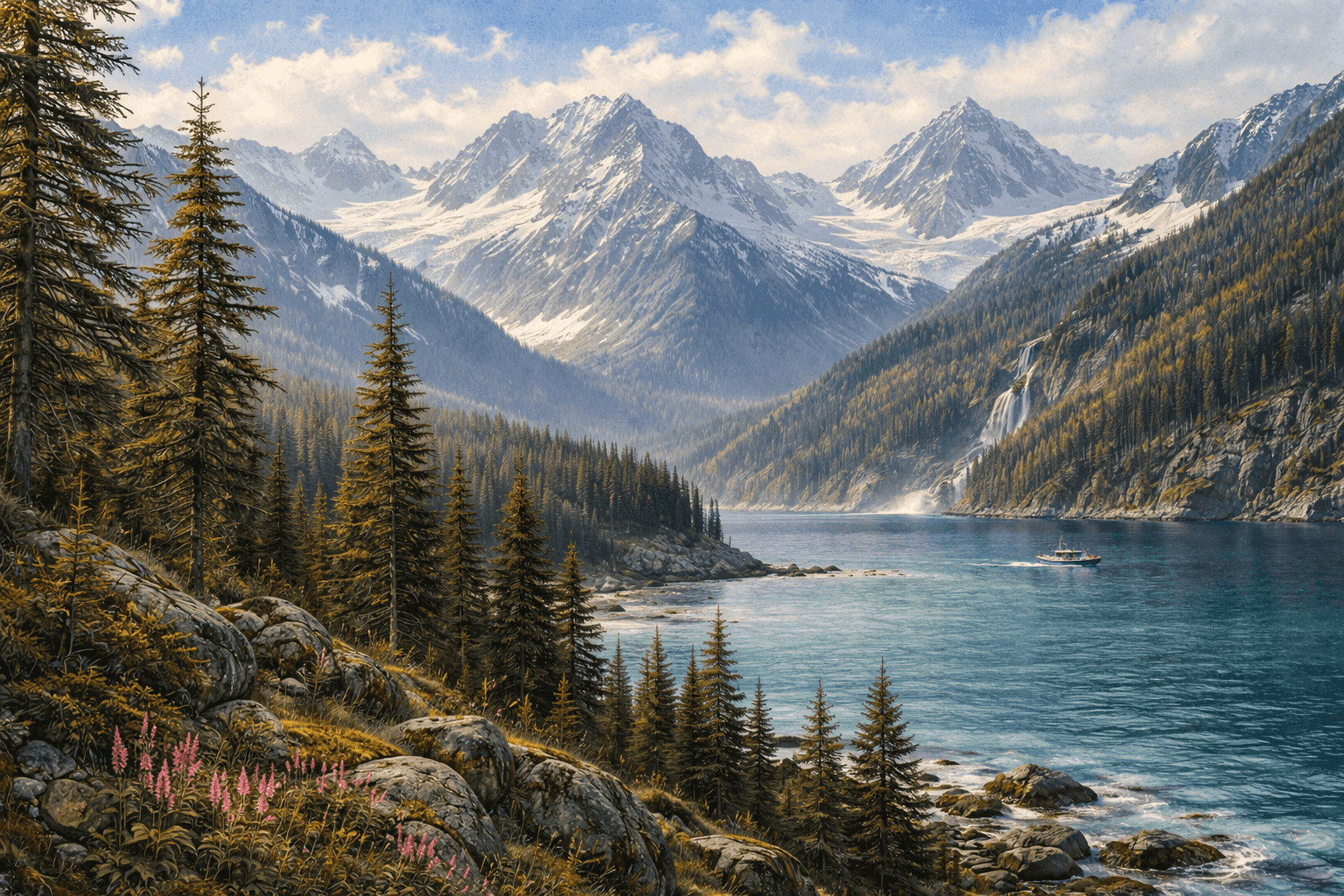Historical illustration of 1960s Alaska landscape with mountains, forests, and coastal terrain showing natural beauty
