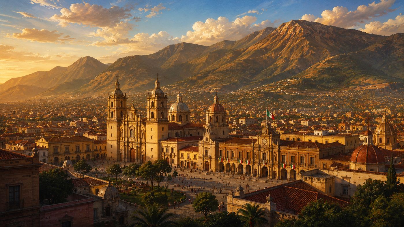 A dramatic Mexican landscape with colonial-era architecture visible in a mountain valley, the scene illuminated by warm golden late afternoon light