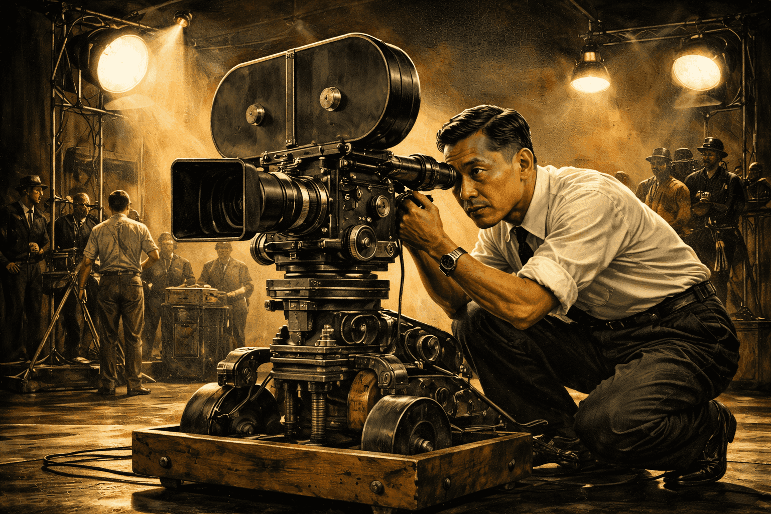 A cinematographer at work behind a large vintage film camera on a 1950s Hollywood film set