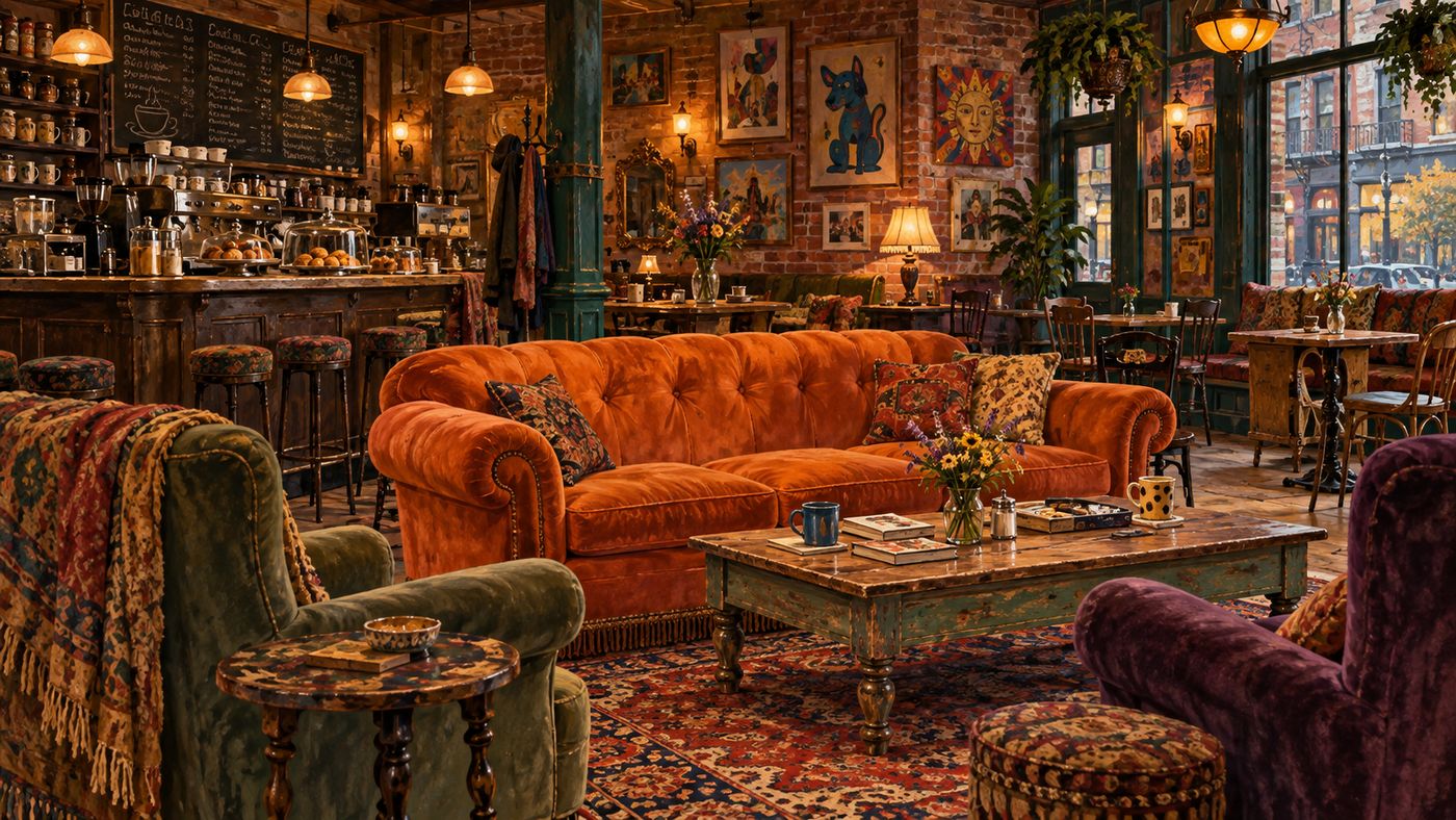 A painterly illustration of a cozy 1990s New York City coffee shop interior — warm lamplight, mismatched comfortable furniture, a large window looking onto a rainy Manhattan street outside, the intimate atmosphere of a place where people gather and belong to each other