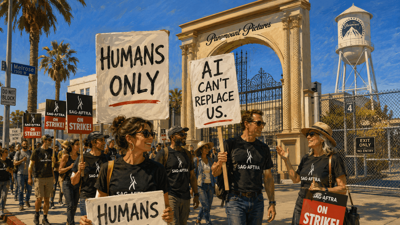 Actors and supporters on the SAG-AFTRA picket line outside a Hollywood studio during the historic 2023 strike, holding signs about AI and fair pay