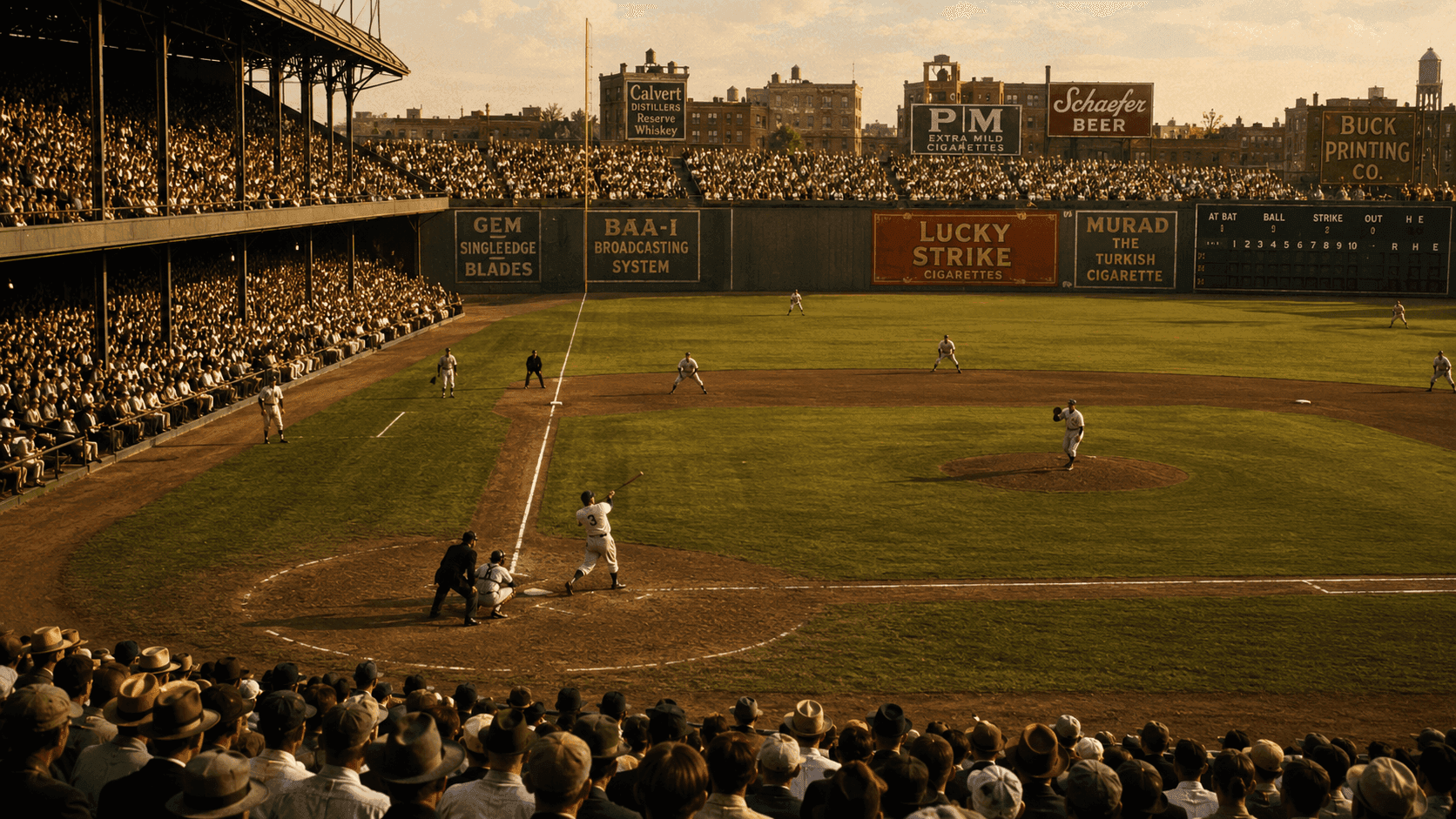 A 1930s baseball stadium with a packed grandstand and a lone batter at home plate in the golden afternoon light