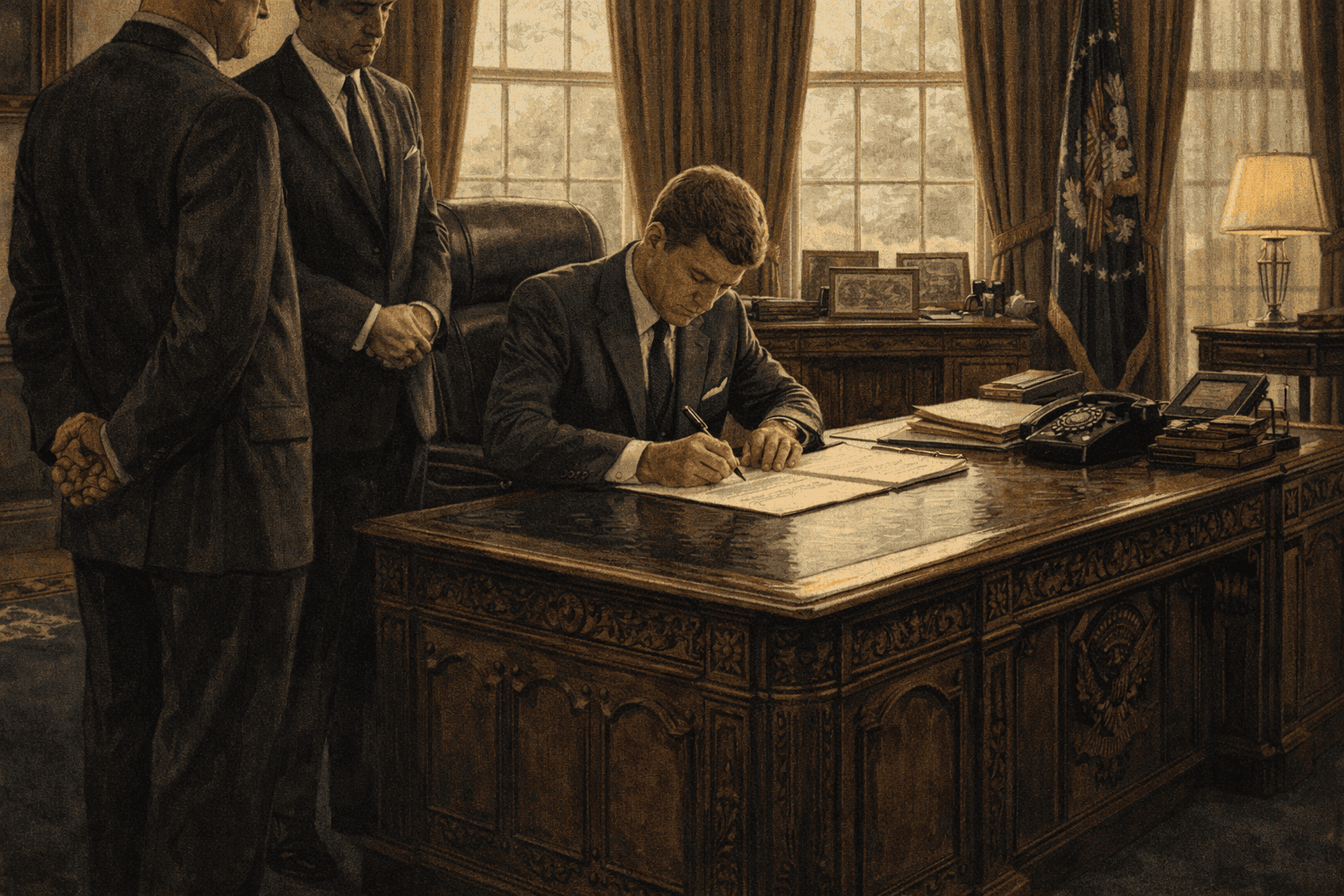 President John F. Kennedy seated at the Oval Office desk signing documents with advisors standing nearby in 1961