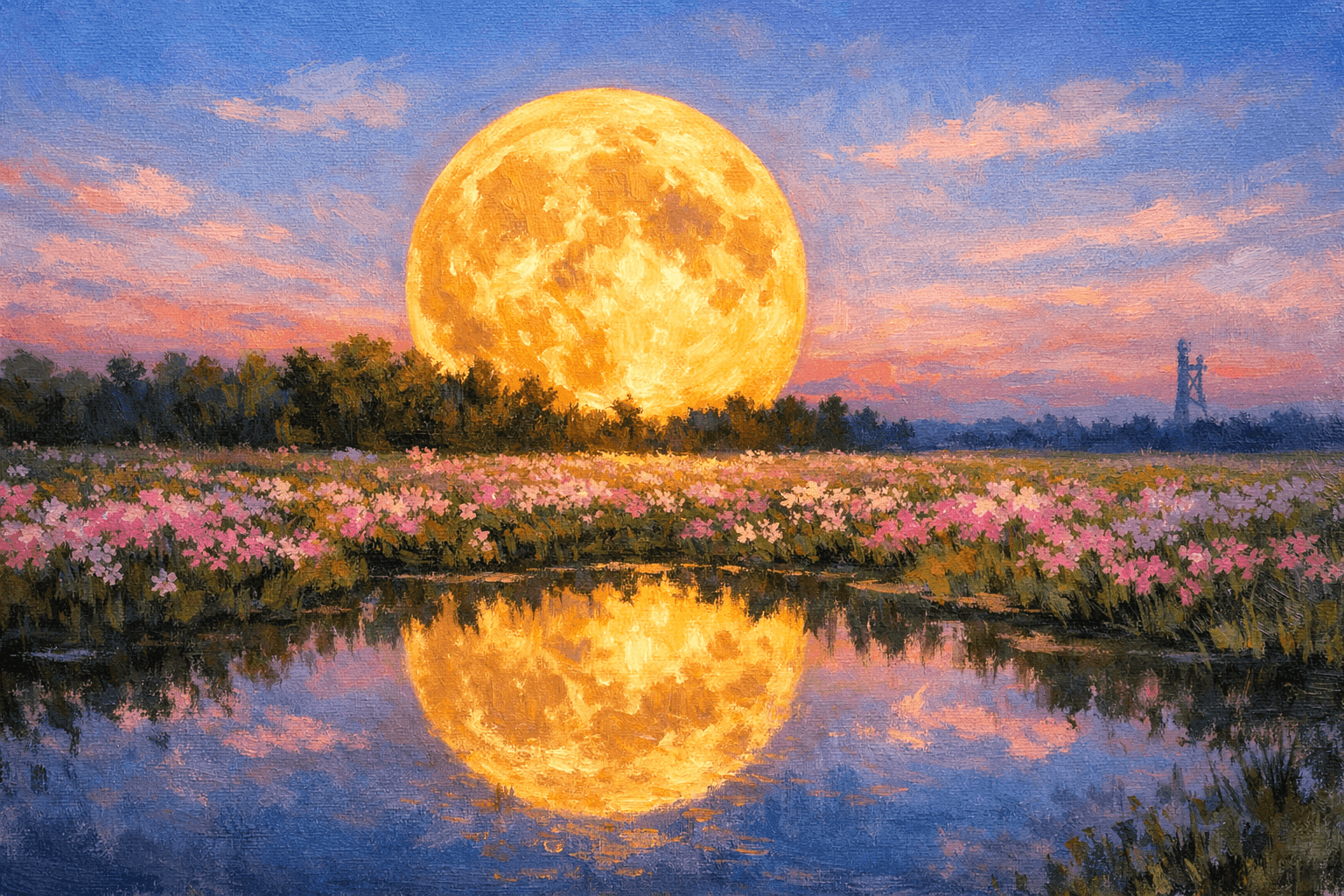 A luminous full moon rising golden above the horizon at dusk, its reflection shimmering in still water, wildflowers visible in the foreground