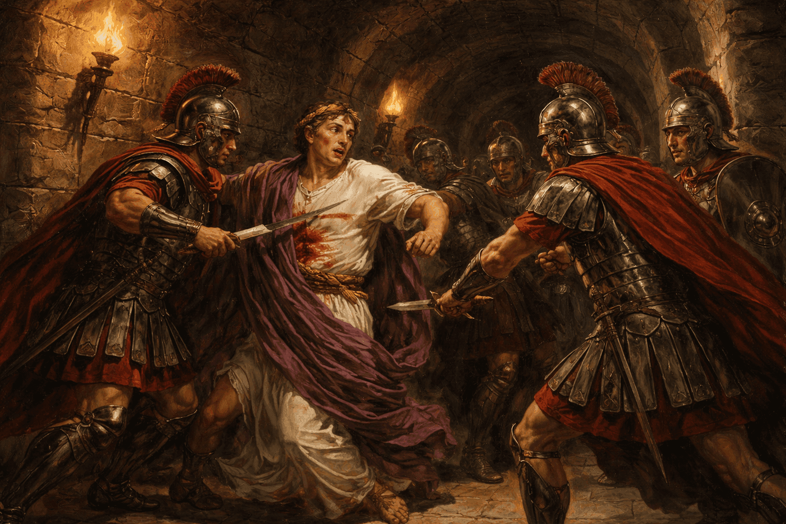 Roman Praetorian Guards confronting Emperor Caligula in the underground cryptoporticus of the imperial palace