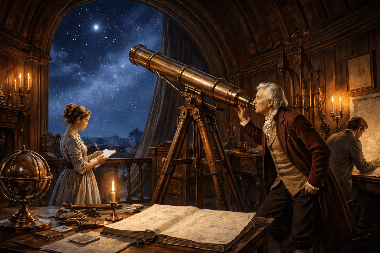 Historical illustration of 18th century astronomical observatory with telescope and night sky