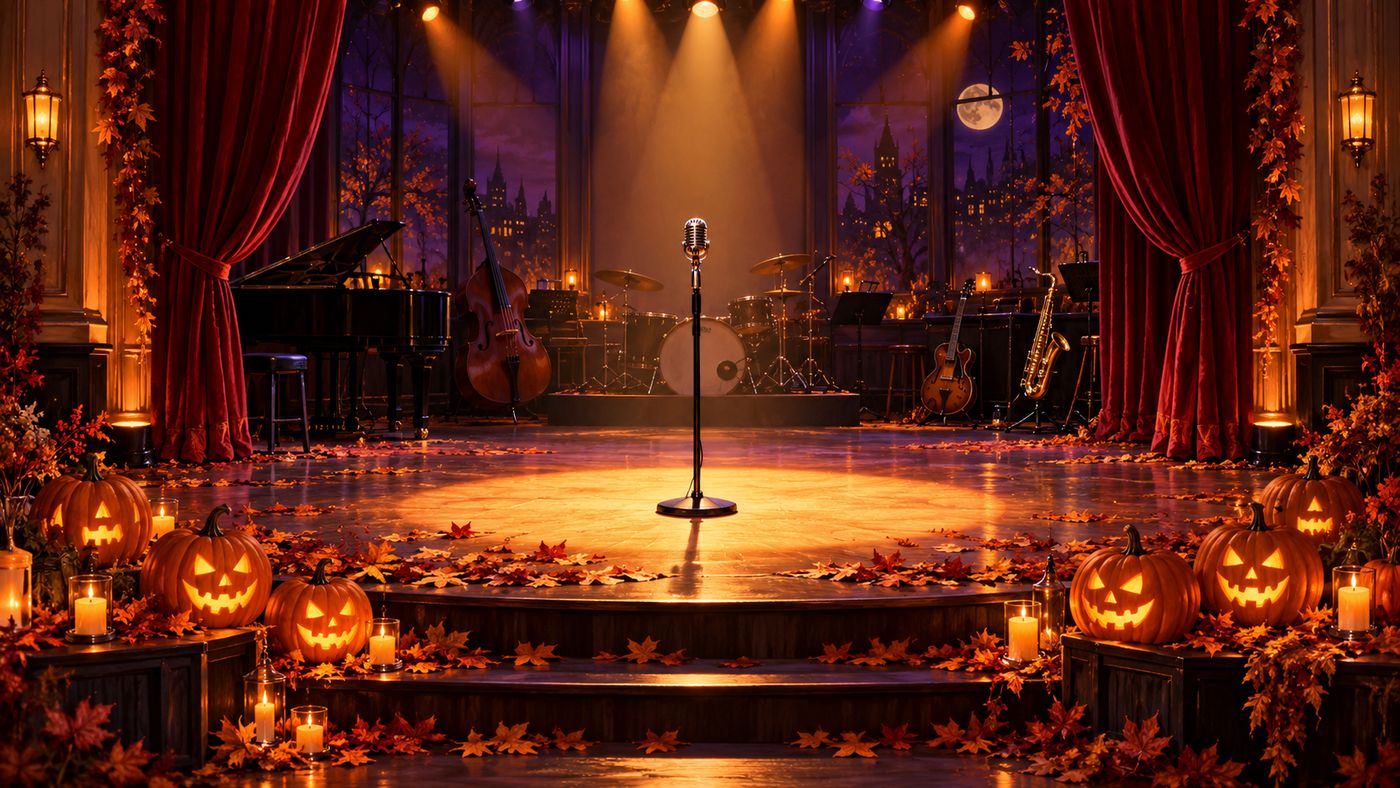 A vintage television studio stage decorated for Halloween with glowing jack-o’-lanterns and warm stage lights